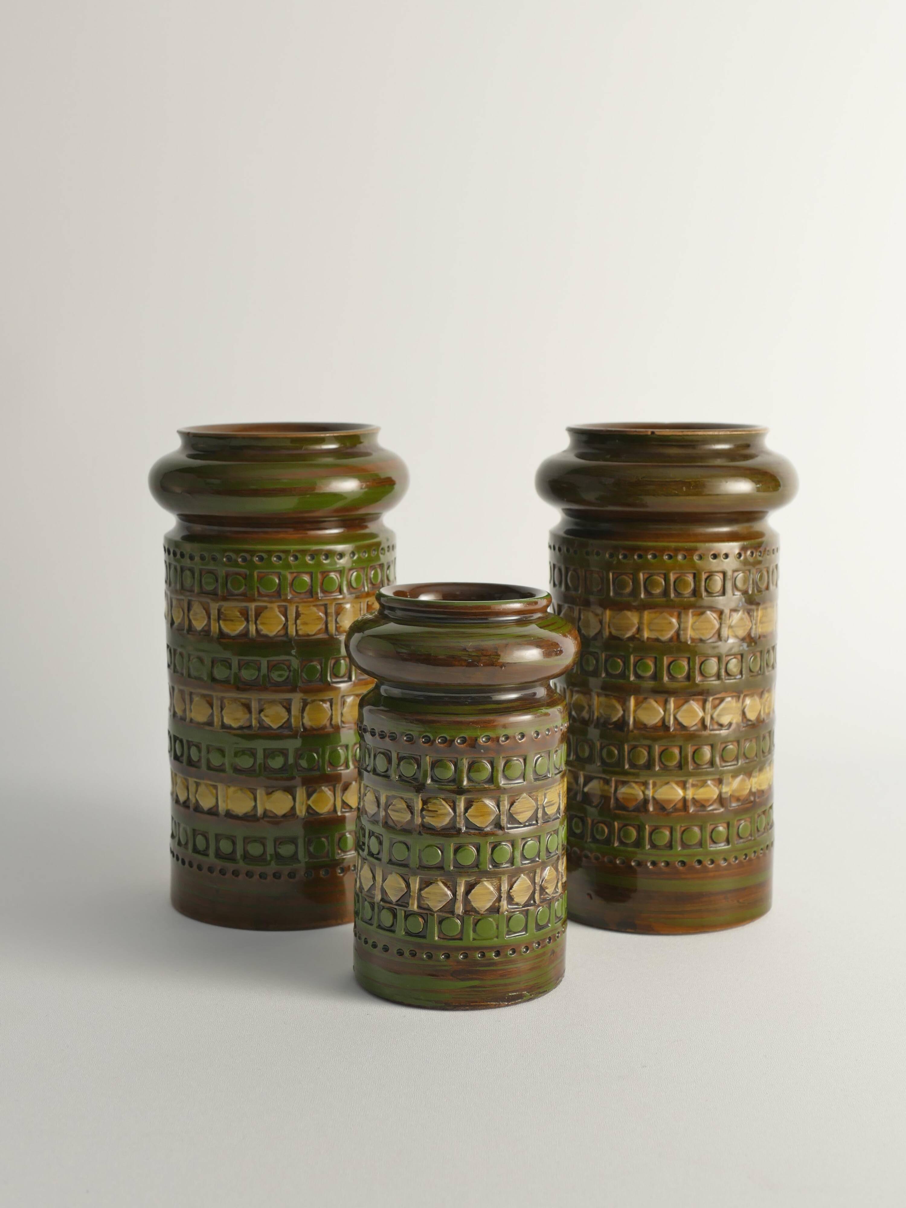 Vases en grès jaune et vert par Aldo Londi pour Bitossi, Italie, ensemble de 3