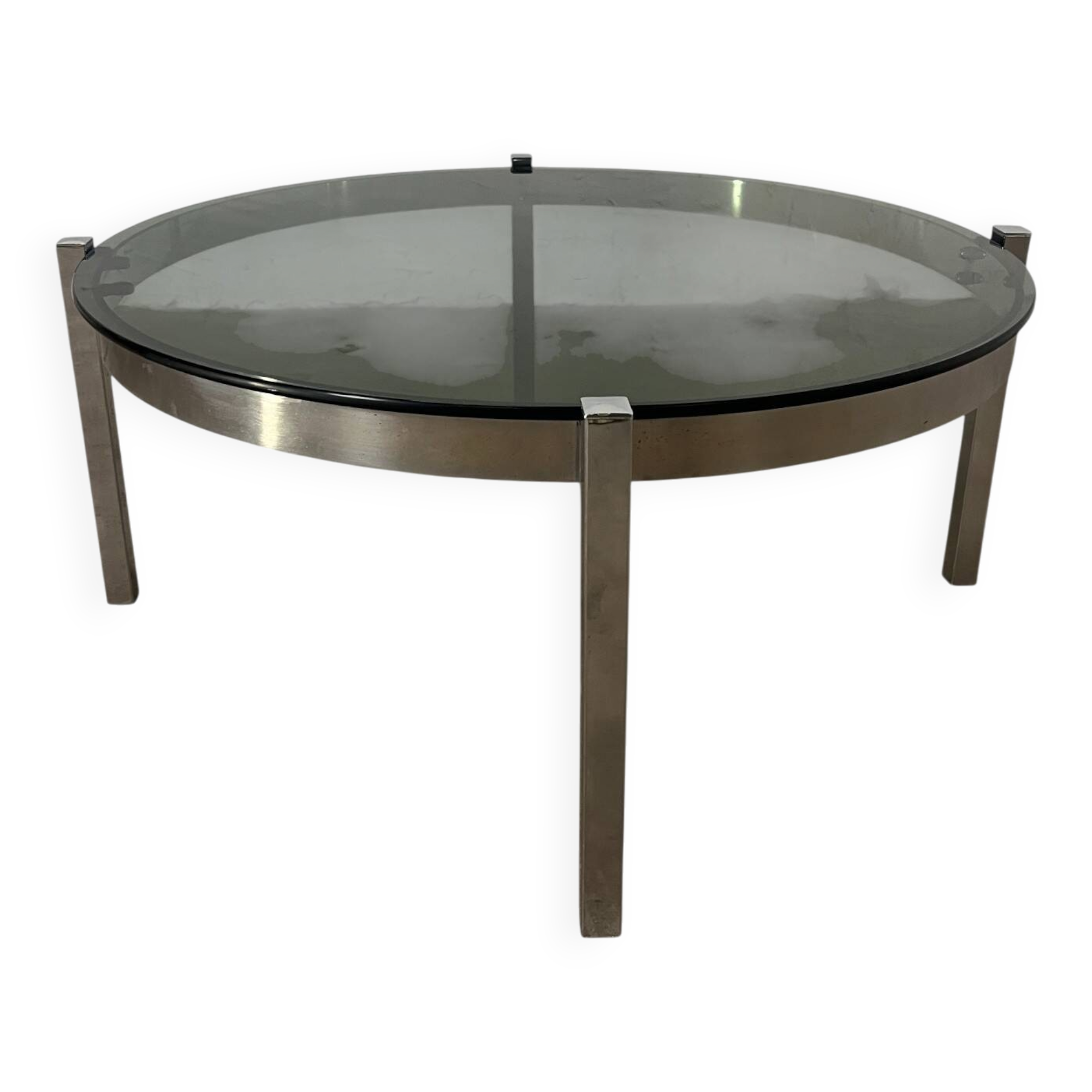 Vintage round coffee table with smoked glass and chrome.
