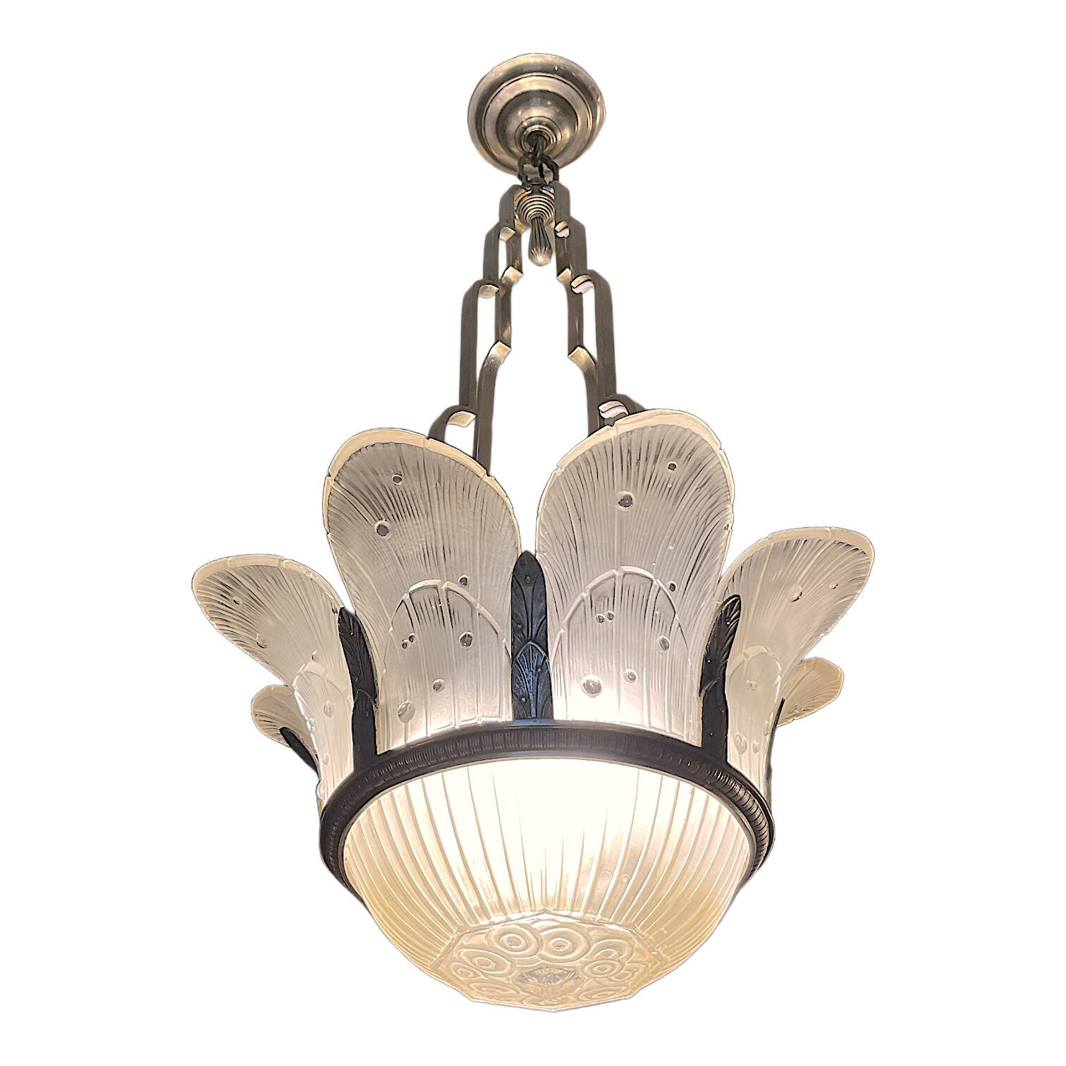 Art Deco Chandelier Sandblasted Pressed Glass, Nickel-plated Bronze 1930