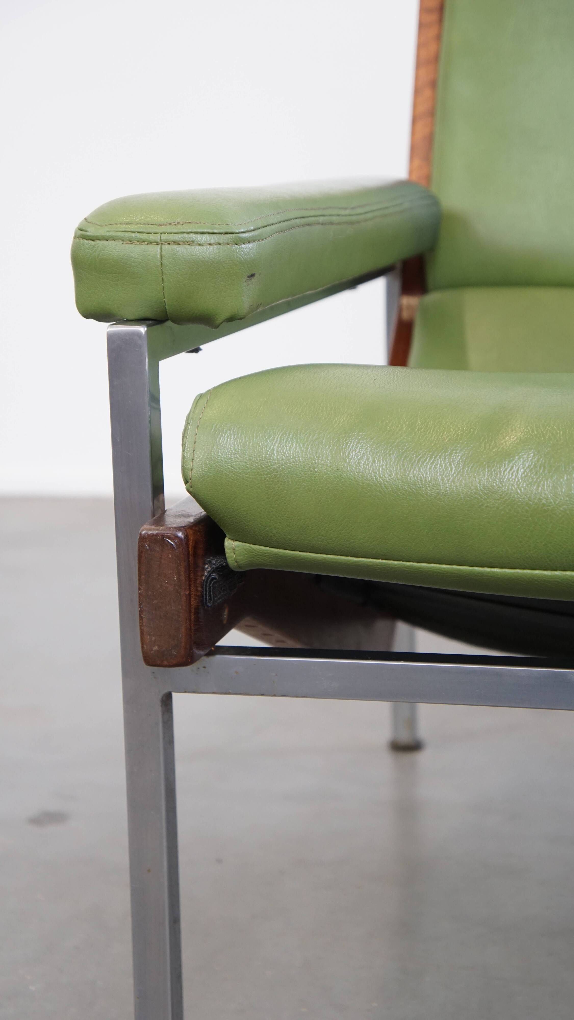 Green Cowhide Leather and Wooden Vintage Armchair