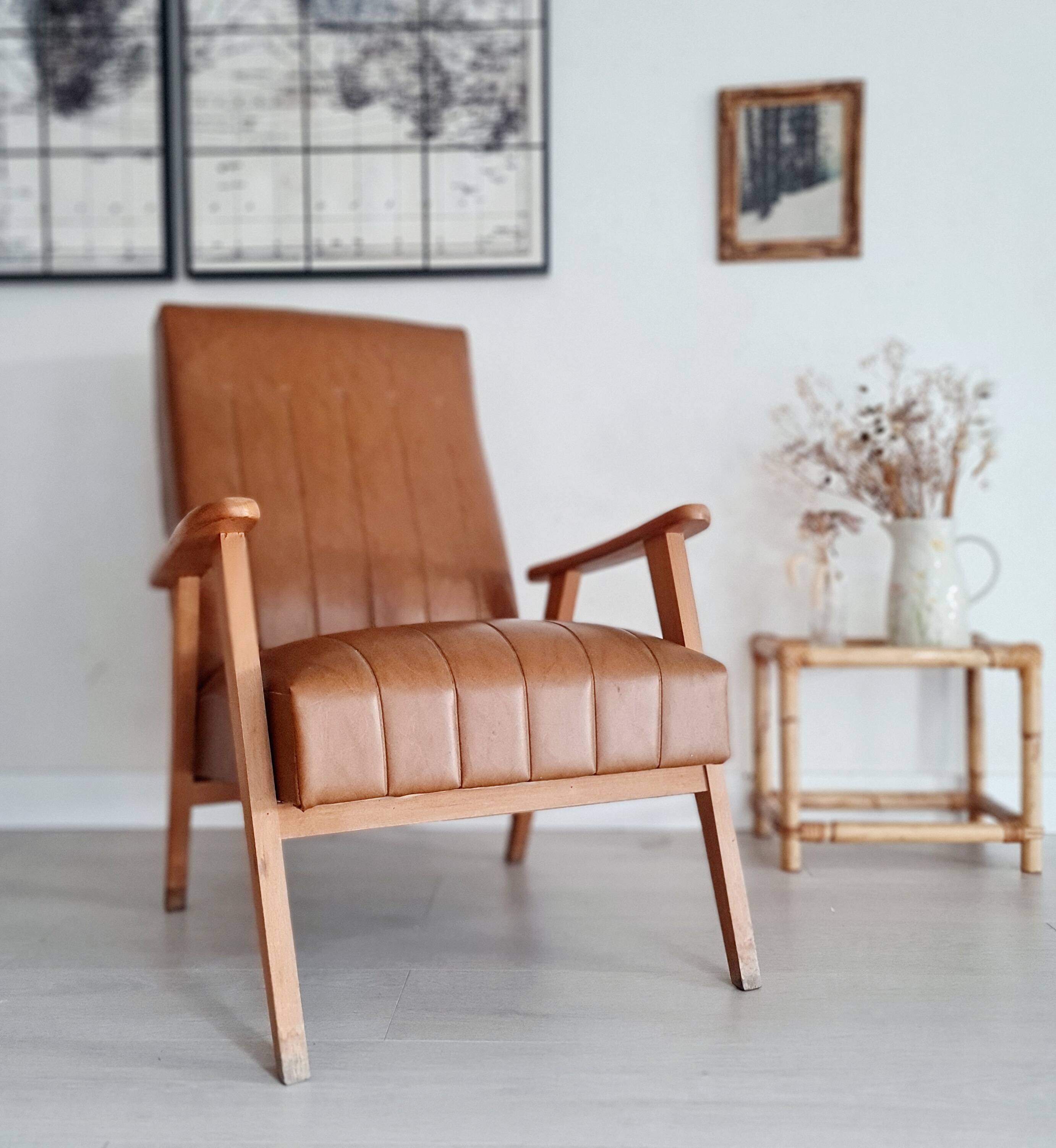 Scandinavian armchair with camel compass legs