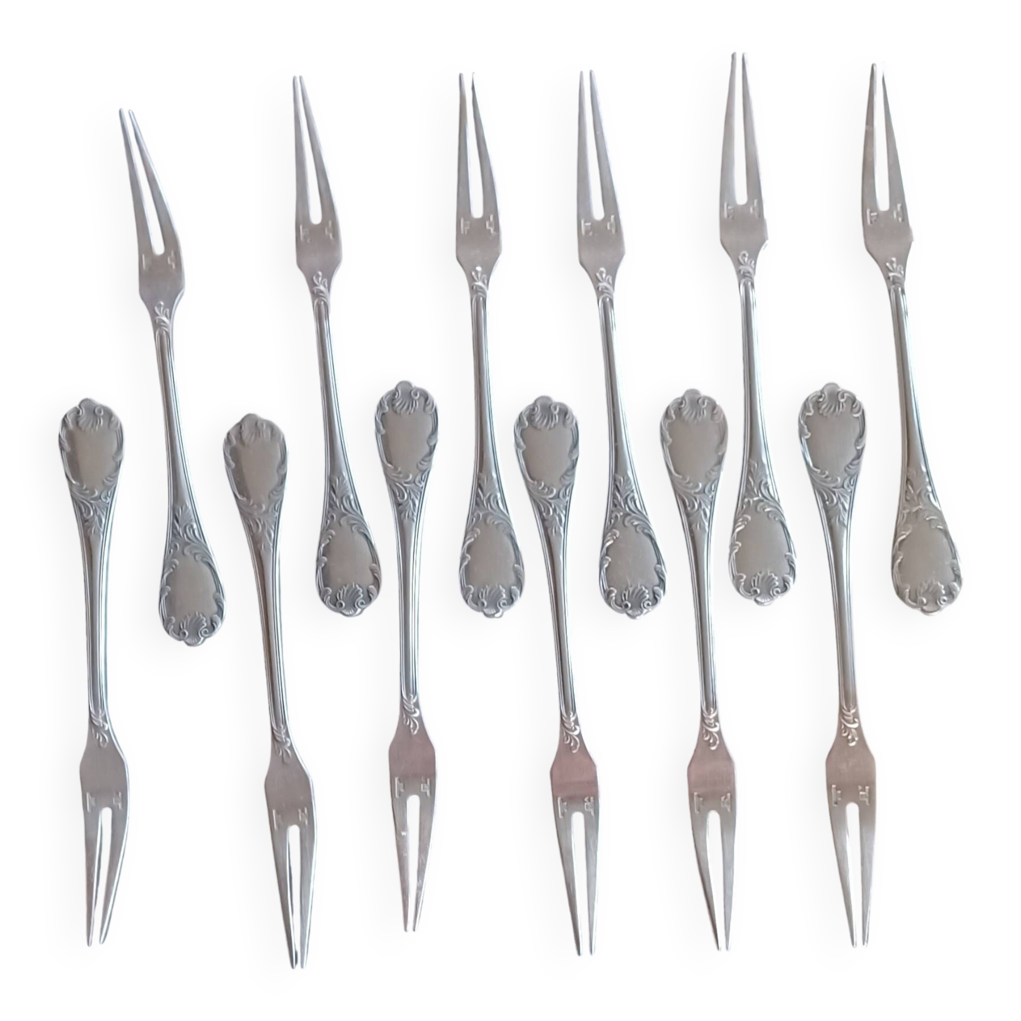 12 silver-plated seafood forks, Marly model by Christofle.