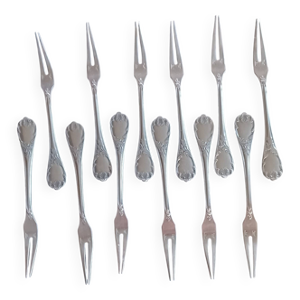 12 silver-plated seafood forks, Marly model by Christofle.