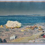 Aquarelle originale de Tony Minartz, baigneuses sur une plage rocheuse de la Méditerranée