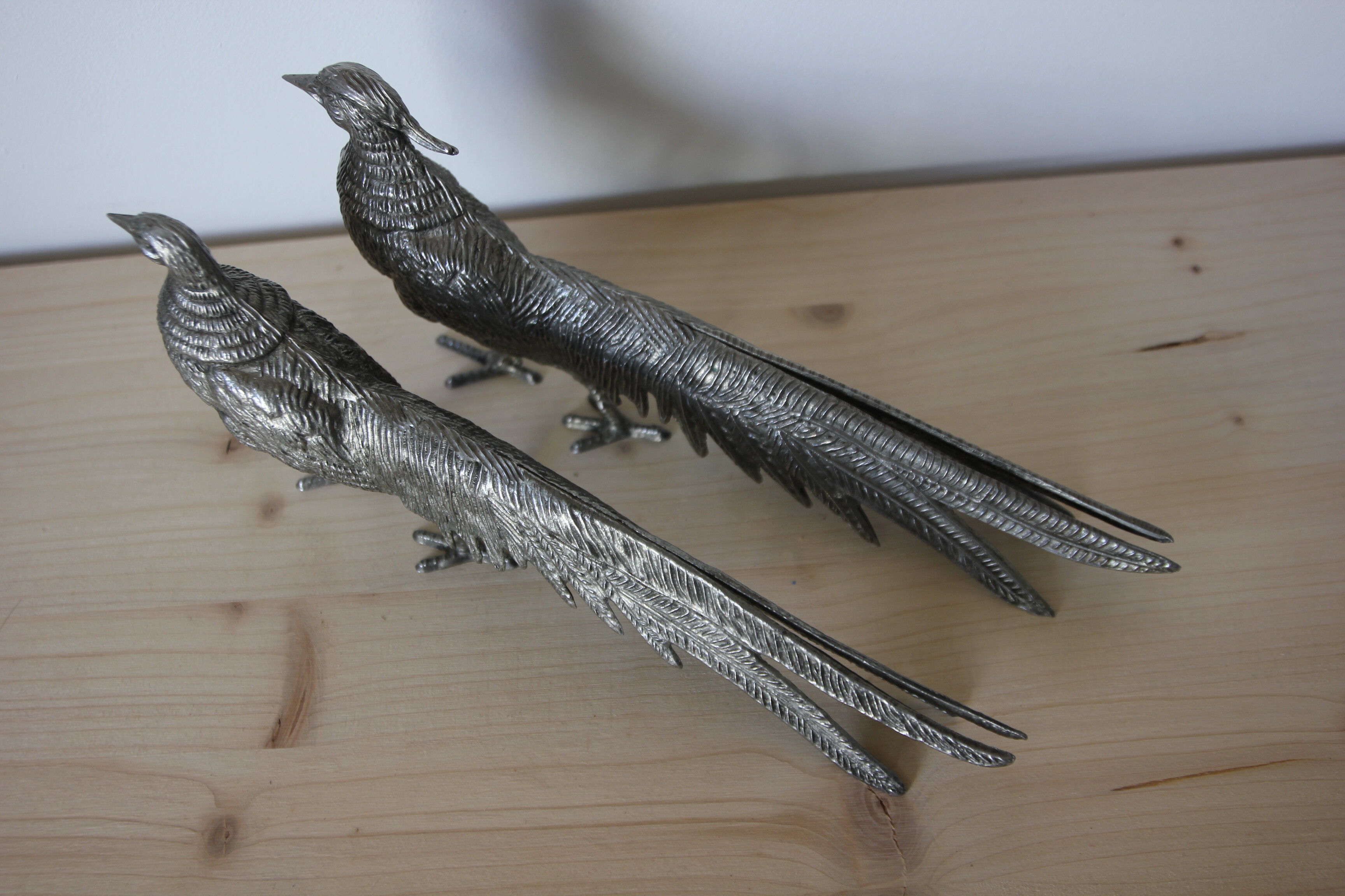 Pair of silver metal pheasants