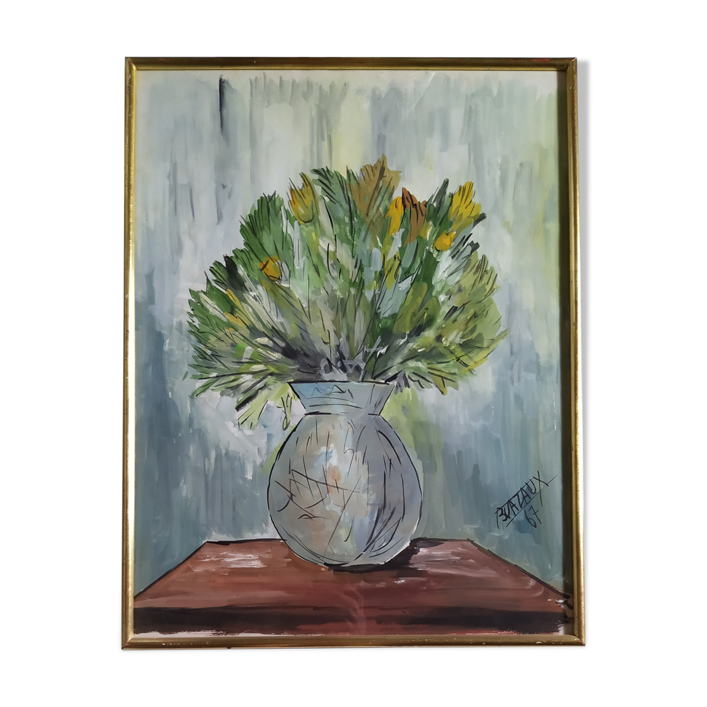 Watercolor 'Vase au Bouquet 1967' signed by BUAZAUX