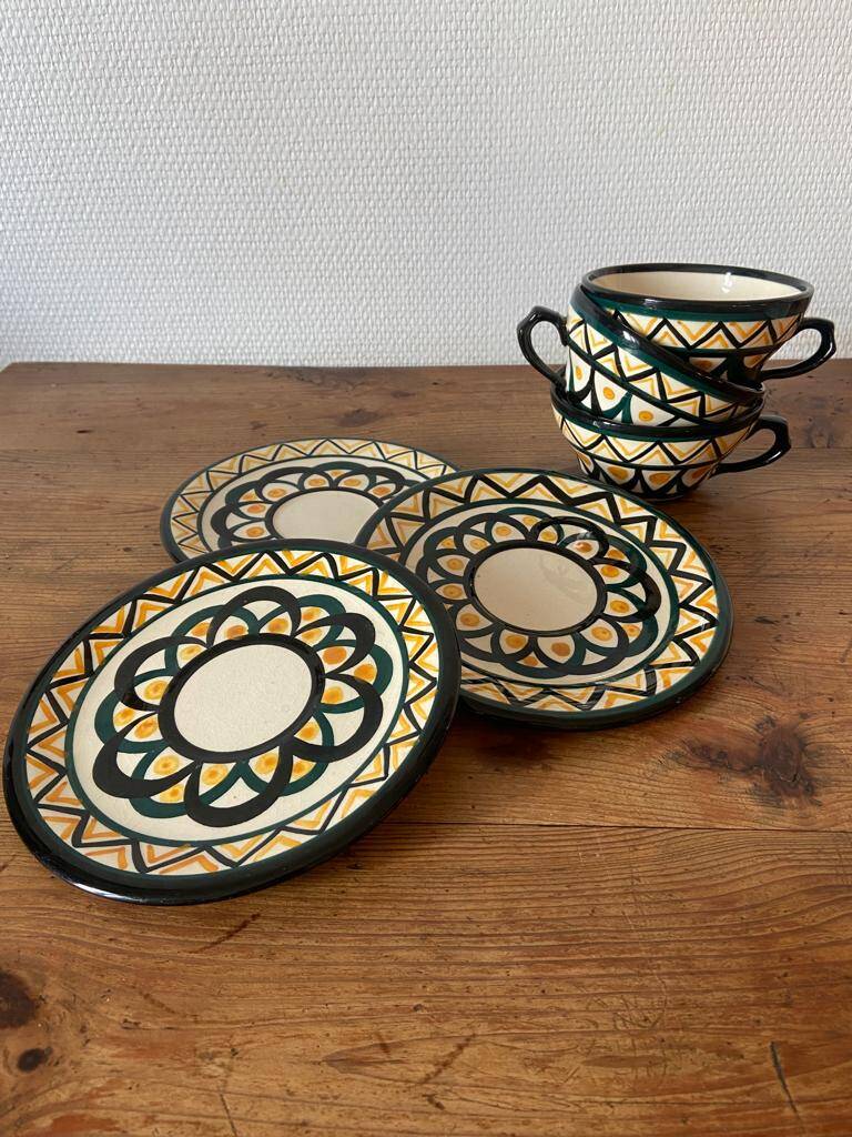 Set of 3 Breton earthenware cups & saucers
