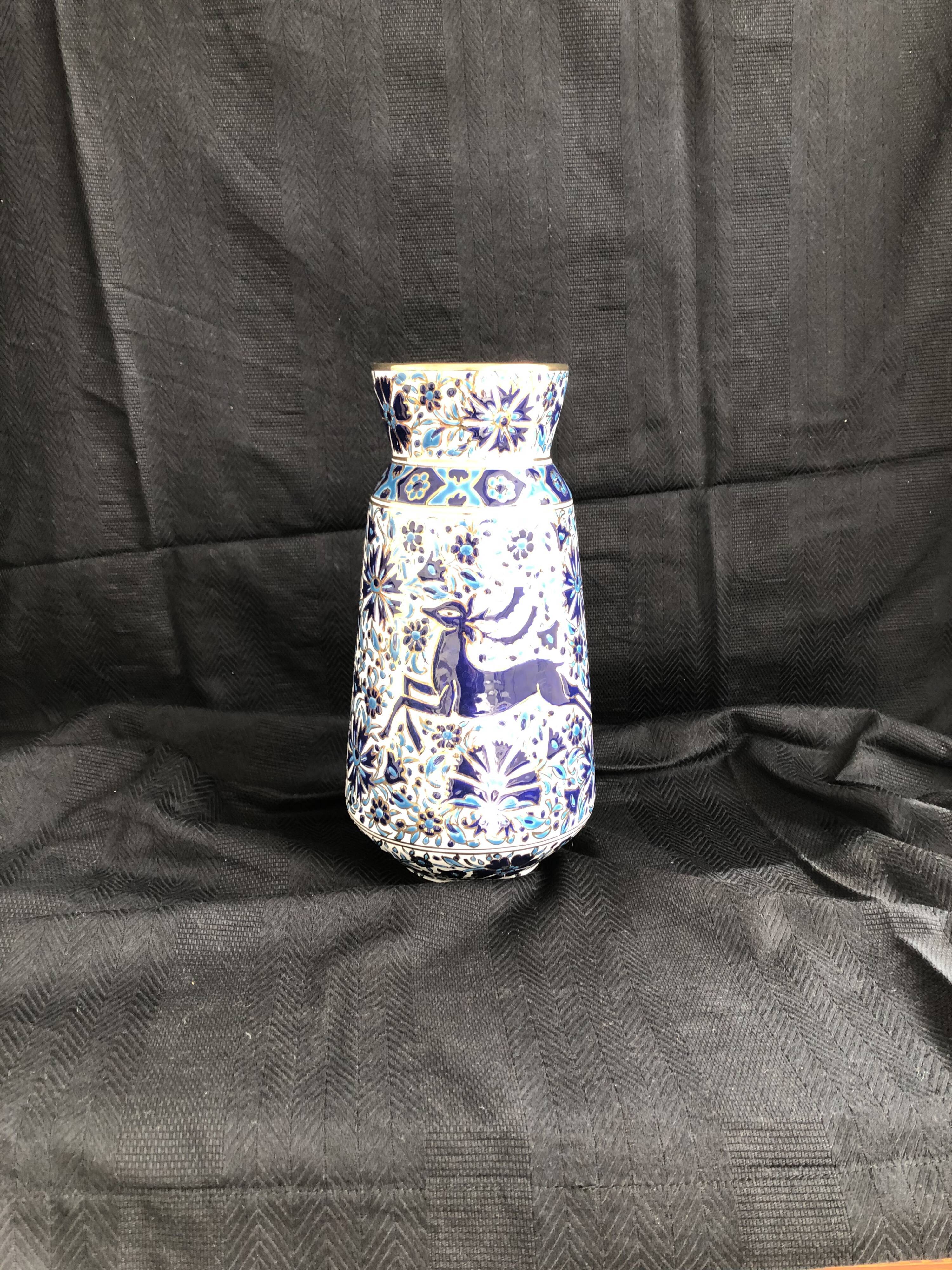 Vase grec vintage Nassos Hellas Rodos or bleu et blanc