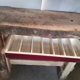 Old homemade vintage solid wood workbench with press and drawer