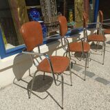 Set of 4 armchairs in chromed metal and brown imitation leather, circa 1960
