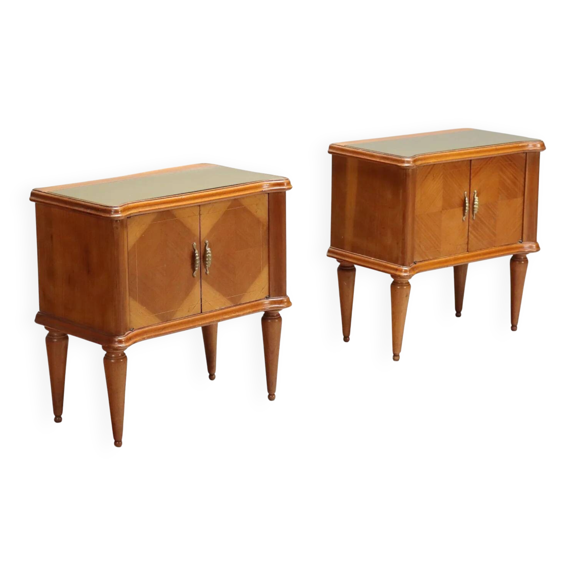 Pair of wooden and glass bedside tables from the 1950s.