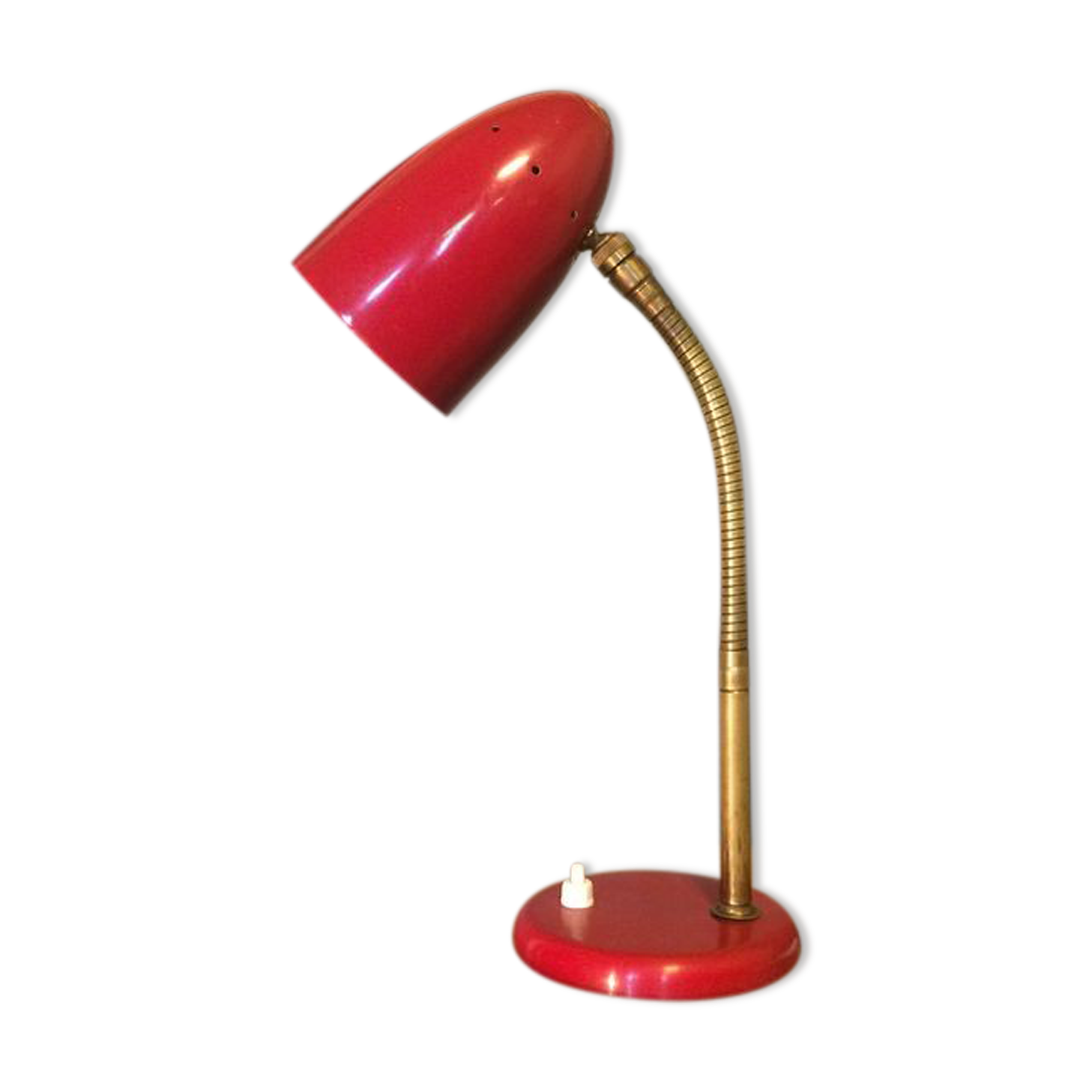 Red vintage bedside lamp in aluminum and brass - 50s