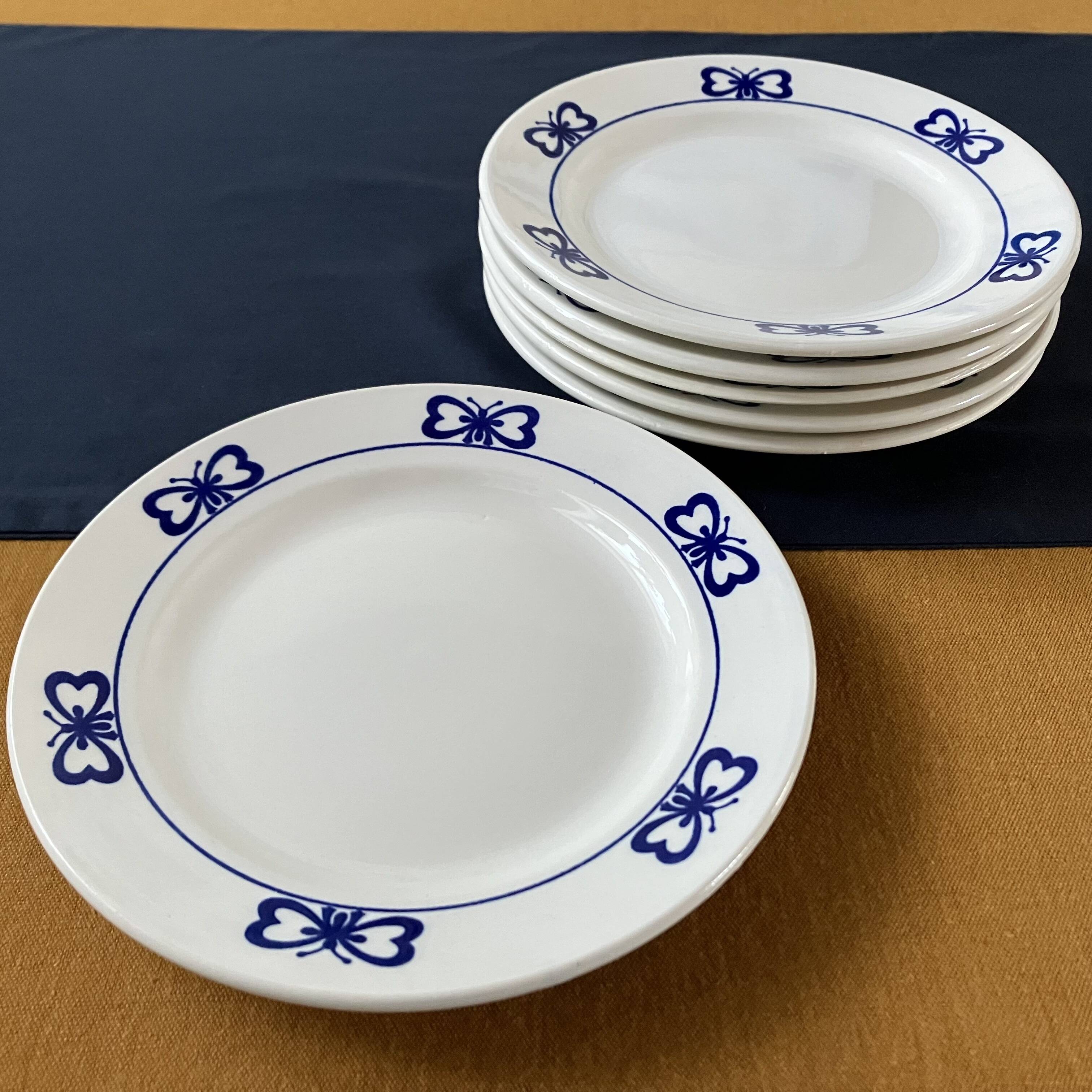 Set of 6 white and blue porcelain dessert plates with butterflies