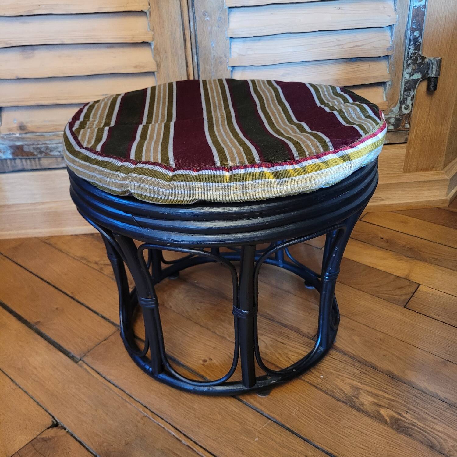 Black bamboo pouf with striped velvet seat pad – vintage 1970s