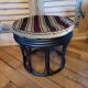Black bamboo pouf with striped velvet seat pad – vintage 1970s