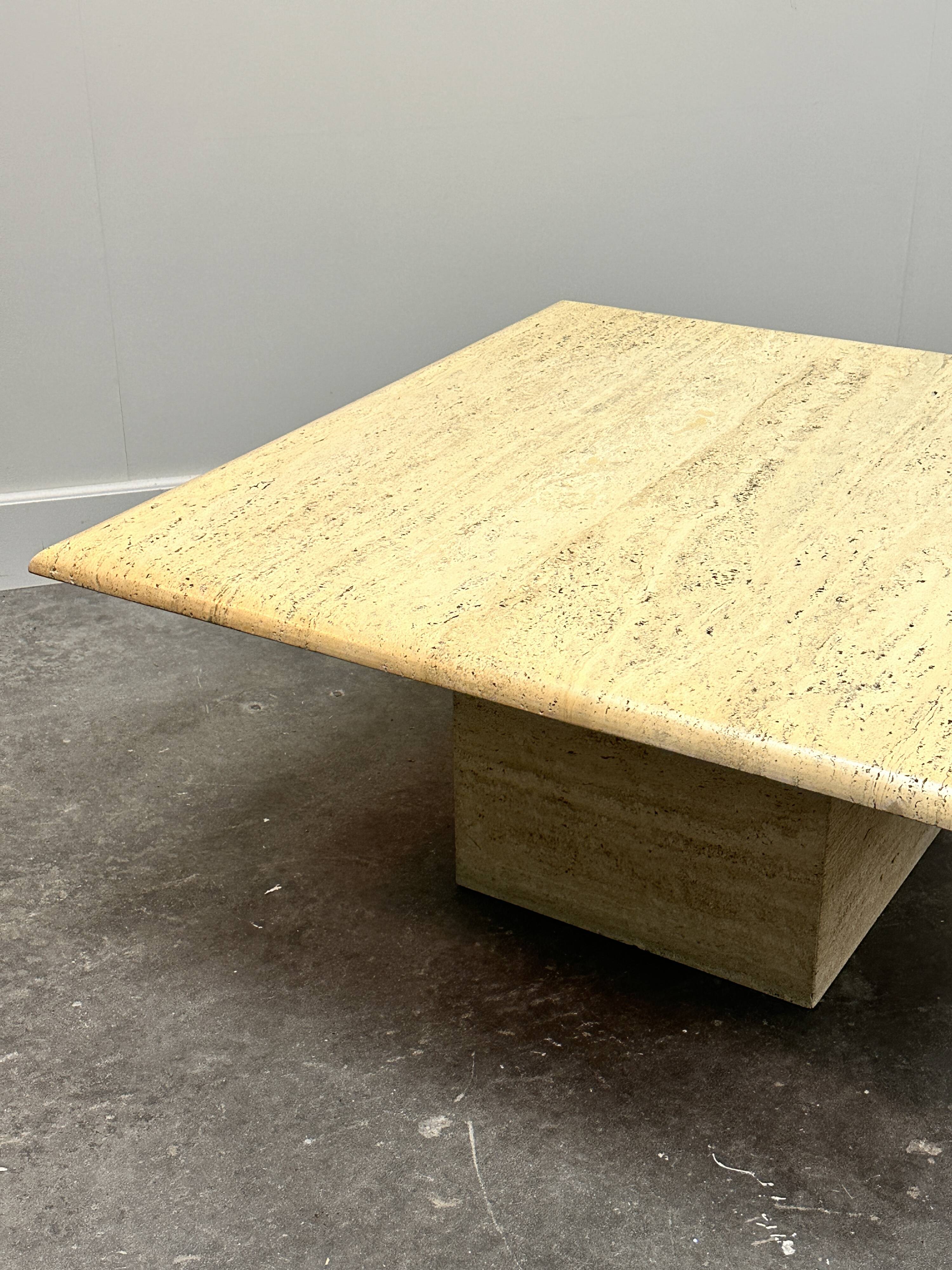 Large Vintage Brute Travertine Square Coffee Table, France 1970s.