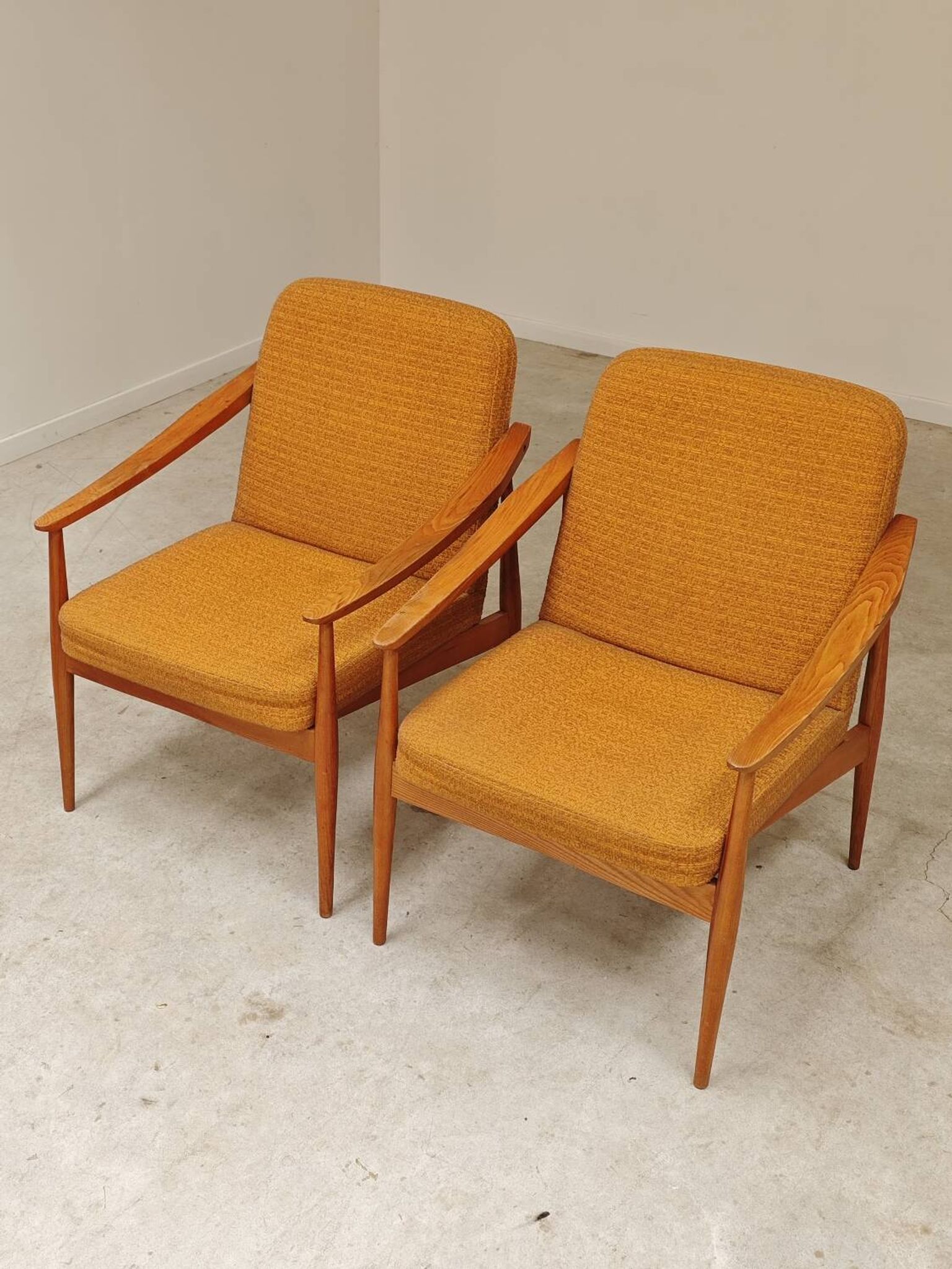 Pair of Czech armchairs in mustard flecked fabric, 1960.