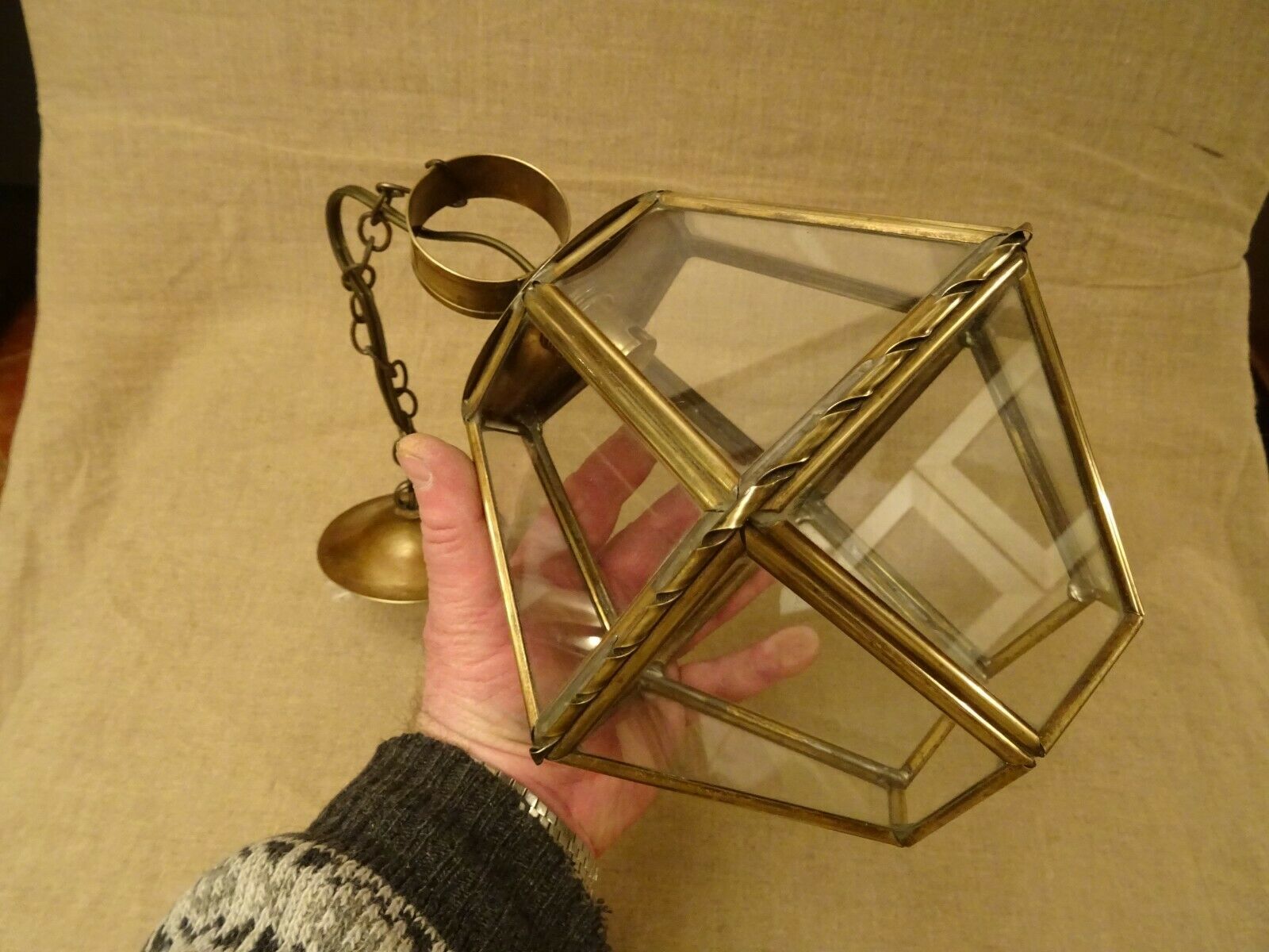 Chandelier lantern brass hexagonal vintage glass plates