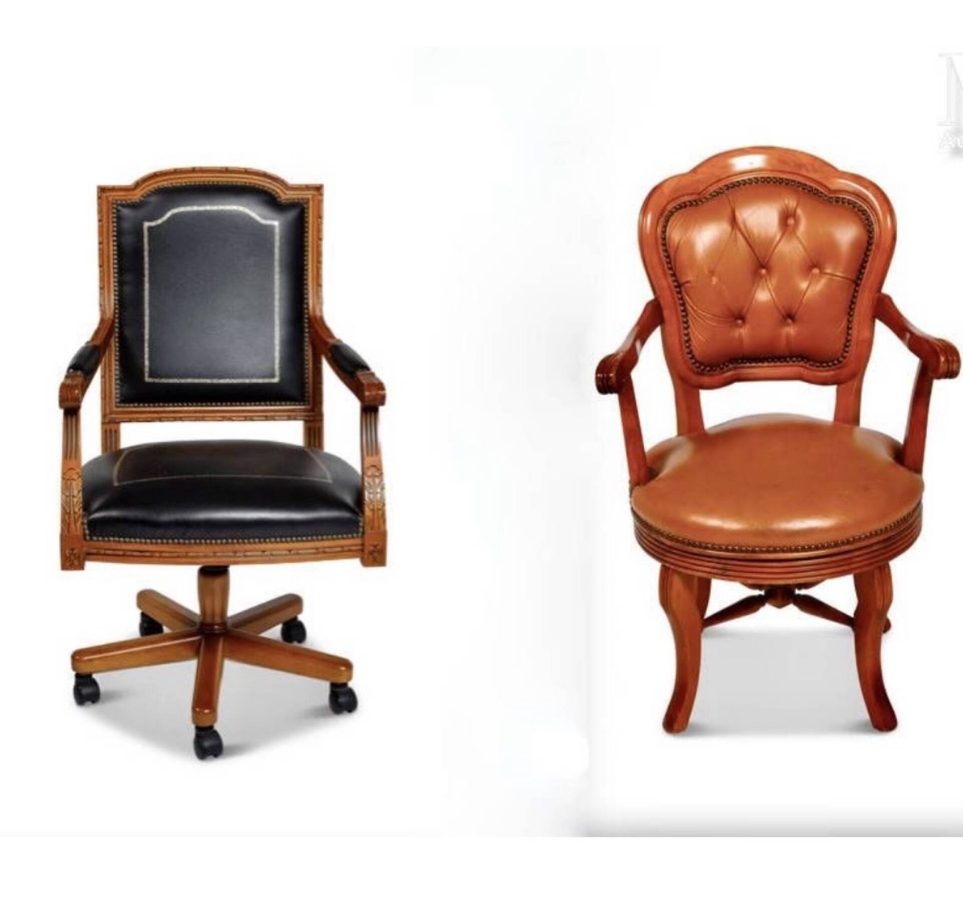 Lot 2 vintage design office chairs – black leather + brown capito leather