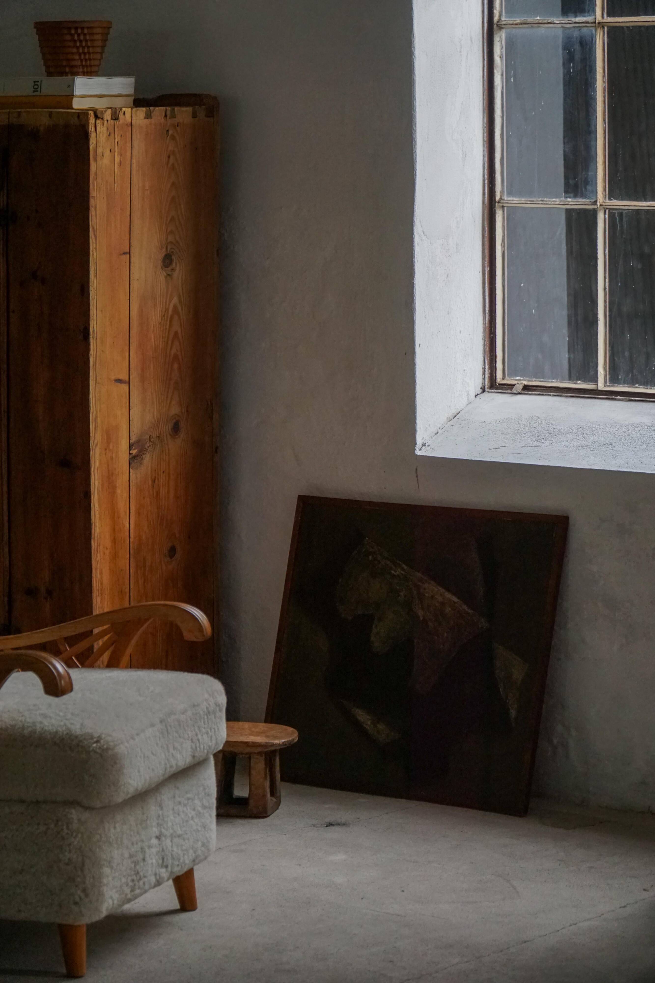 Mid-century pastel oil abstract painting, Danish artist, patinated wooden frame.