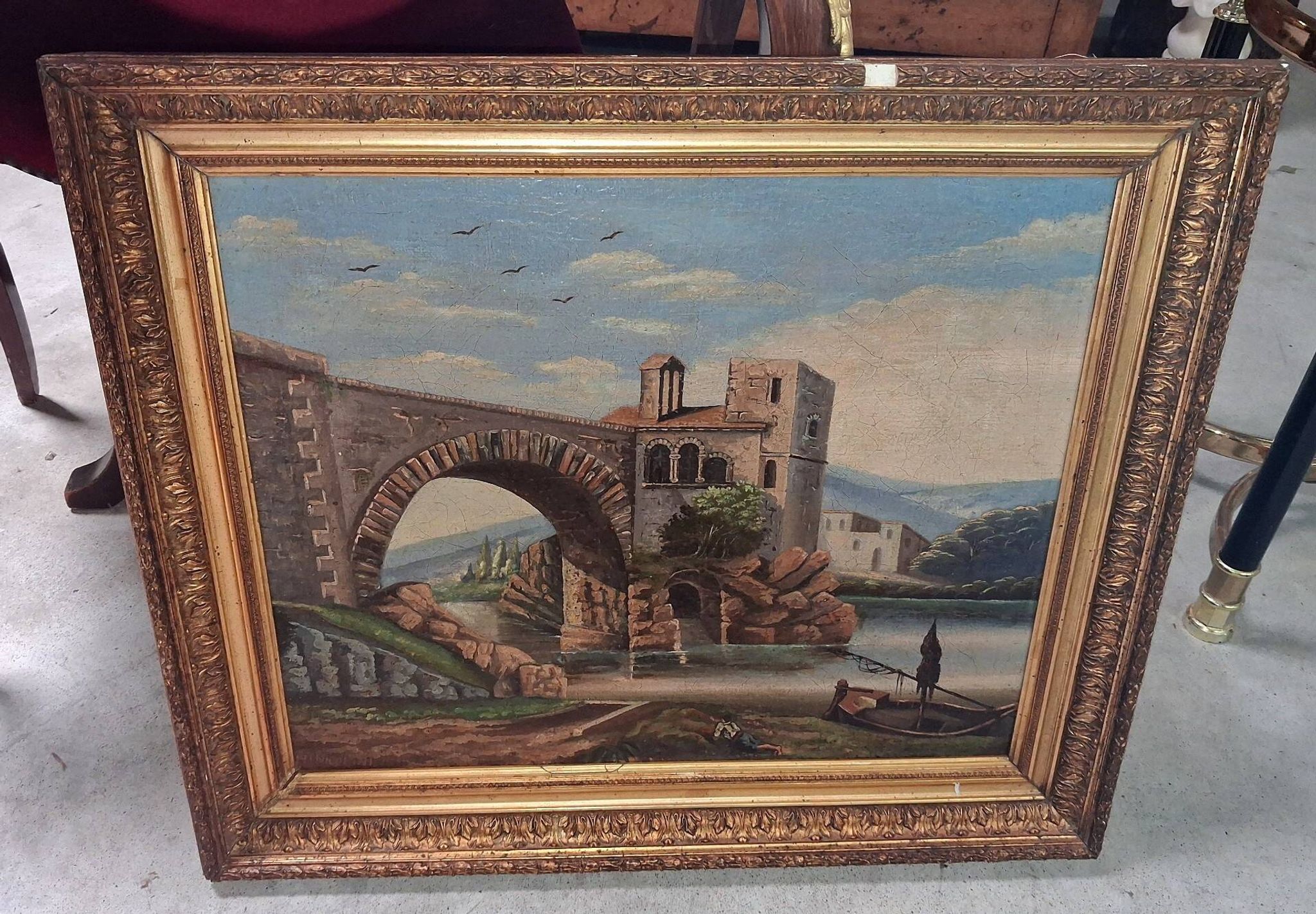 H. Nicolini  – Paysage animé au pont de pierre, XIXe siècle