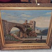 H. Nicolini  – Paysage animé au pont de pierre, XIXe siècle