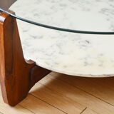 Table basse Hugues Poignant marbre, verre et teck années 60