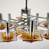 12-light Mazzega chandelier in amber and clear murano glass and chrome. Ita