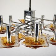 12-light Mazzega chandelier in amber and clear murano glass and chrome. Ita