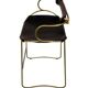 Sculptural kitchen bar stool with brass metal backrest and black leather.