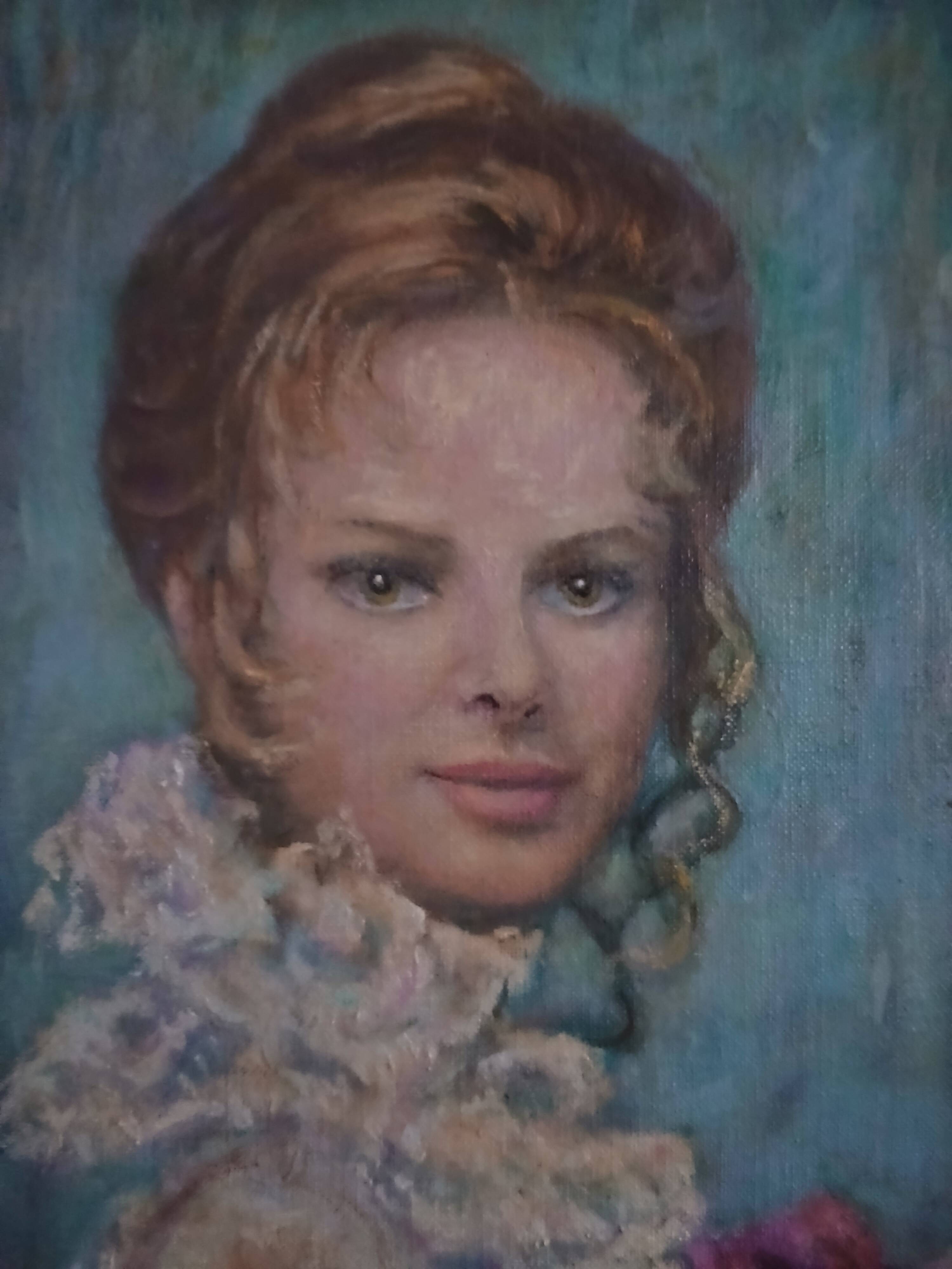 Tableau from the 20th century signed, depicting a woman with a bouquet.