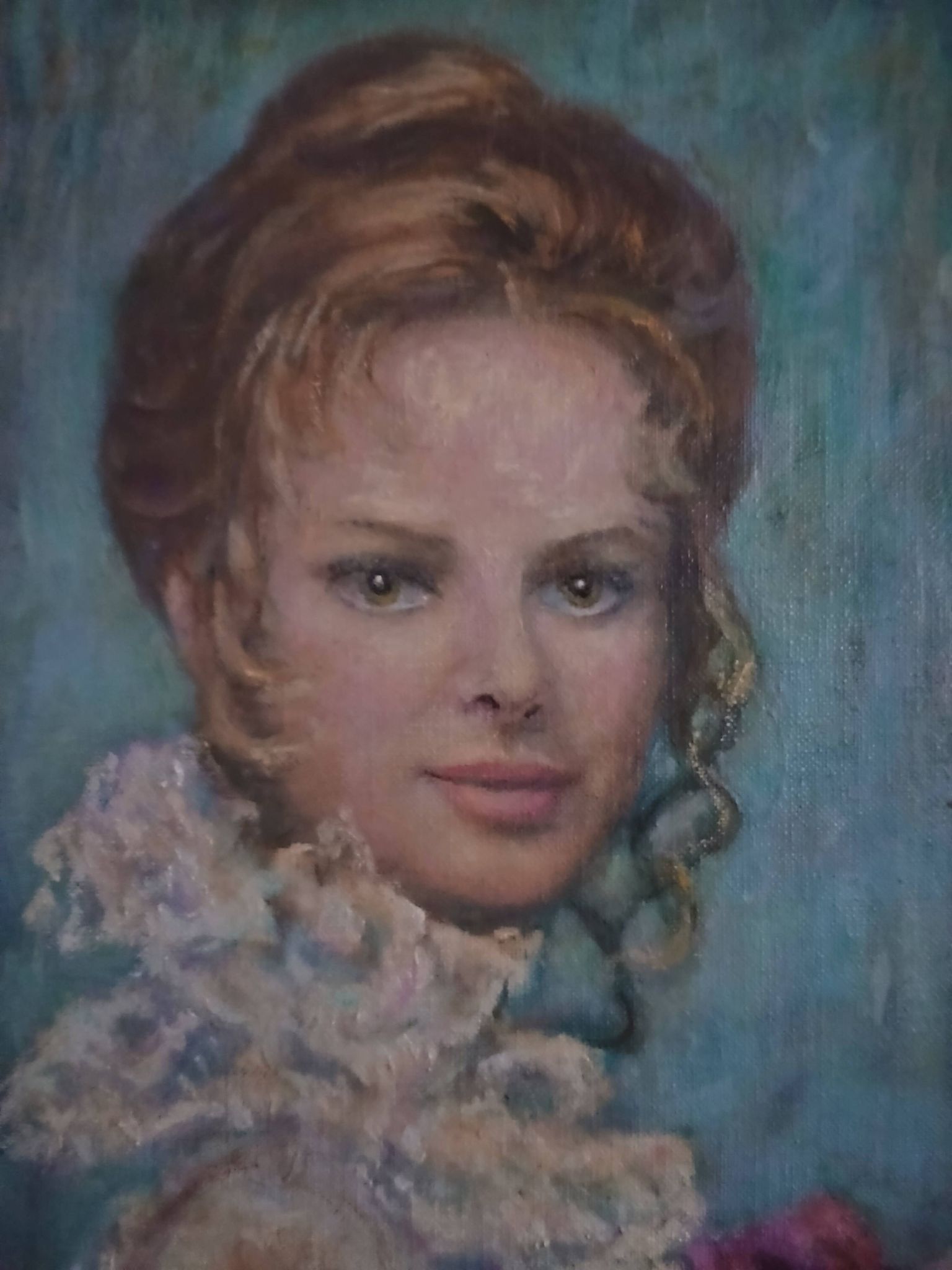 Tableau from the 20th century signed, depicting a woman with a bouquet.