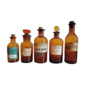Ensemble 5 pots, flacons pharmacie ancien