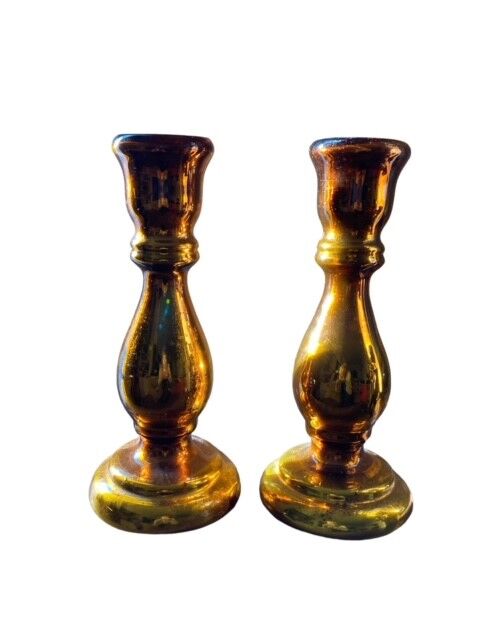 Pair of eglomised glass candle holders