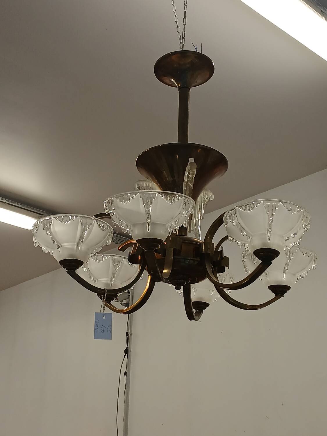 Antique Art Deco brass and glass chandelier