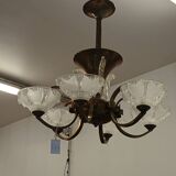Antique Art Deco brass and glass chandelier