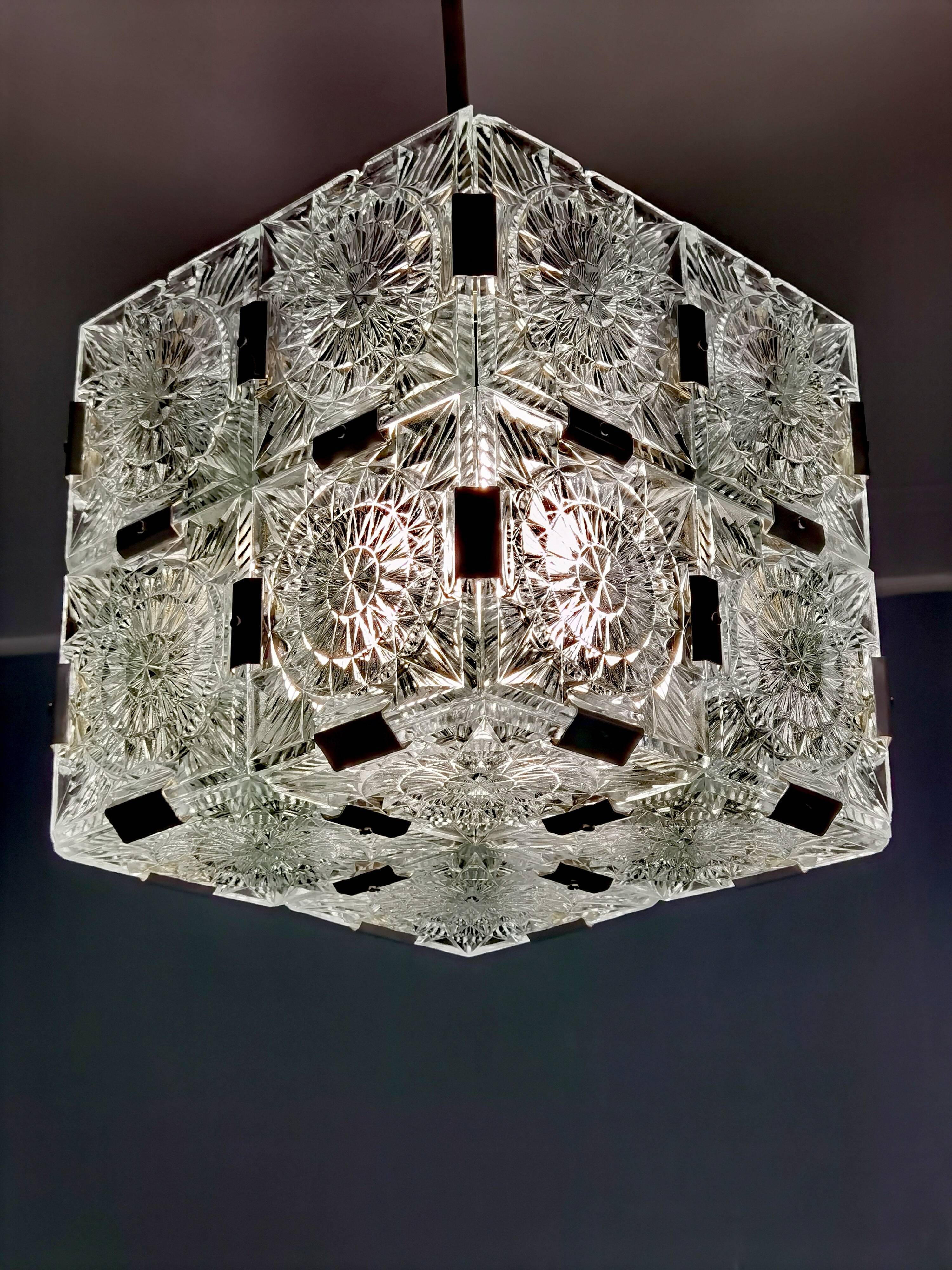 Glass faceted cube chandelier by Jaroslav Bejvl for Kamenicky Senov, year 1968