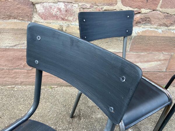 4 chaises industrielles d'école acier tubulaire et bois type mullca