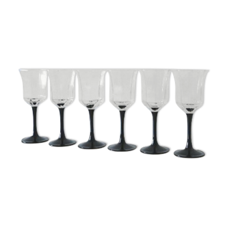 Wine glasses black foot lot of 6 Arcoroc Octime series, 1980, vintage French