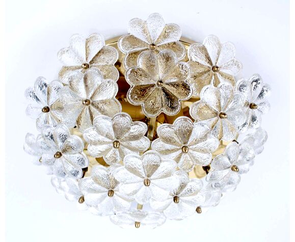 Ceiling lamp wall vintage flowers in glass and brass, 60s