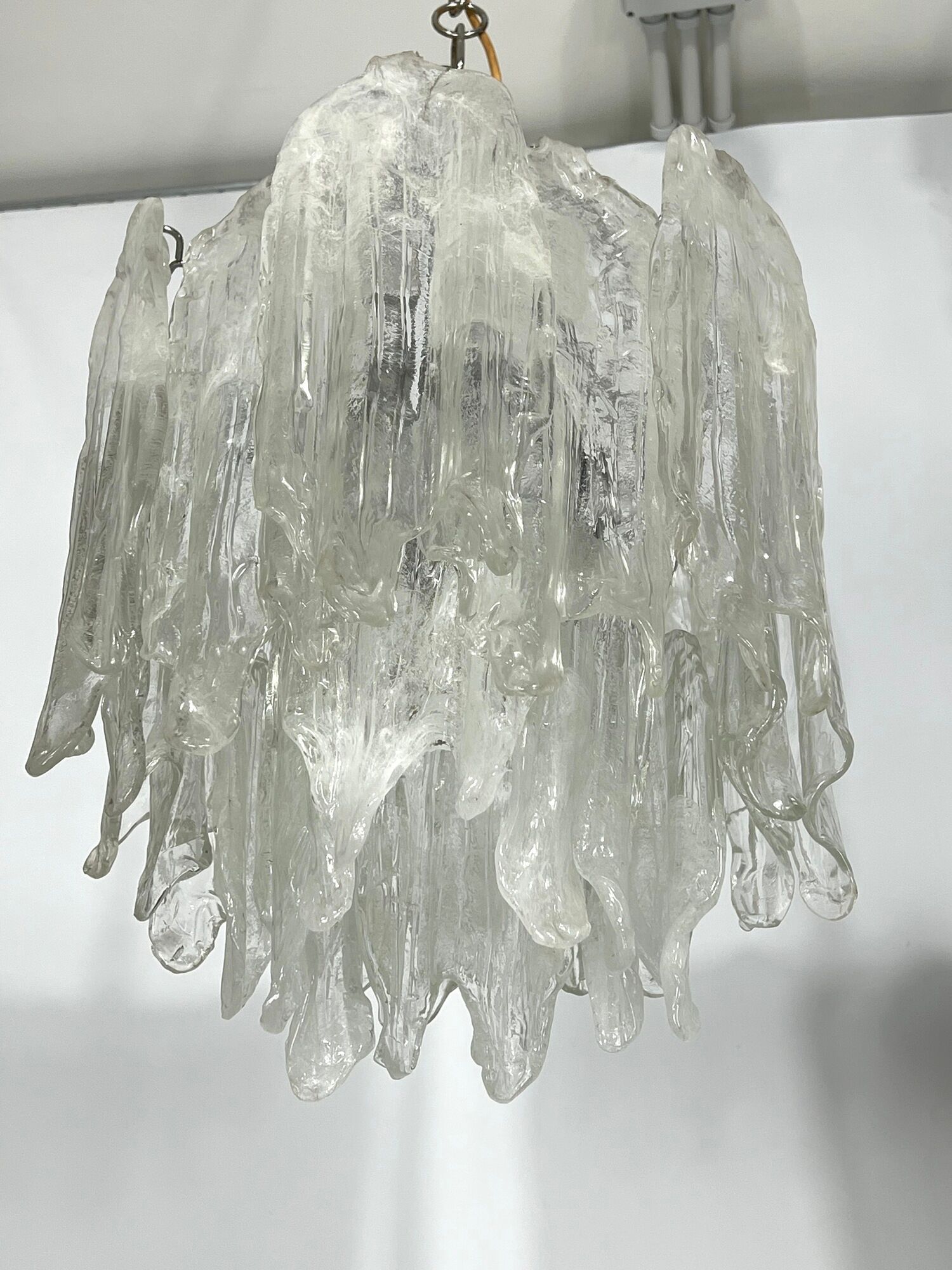 Mazzega Ice glass, pair of vintage murano chandeliers from 70s