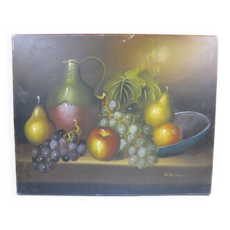 Huile sur toile nature morte coupe de fruits - signature à identifier