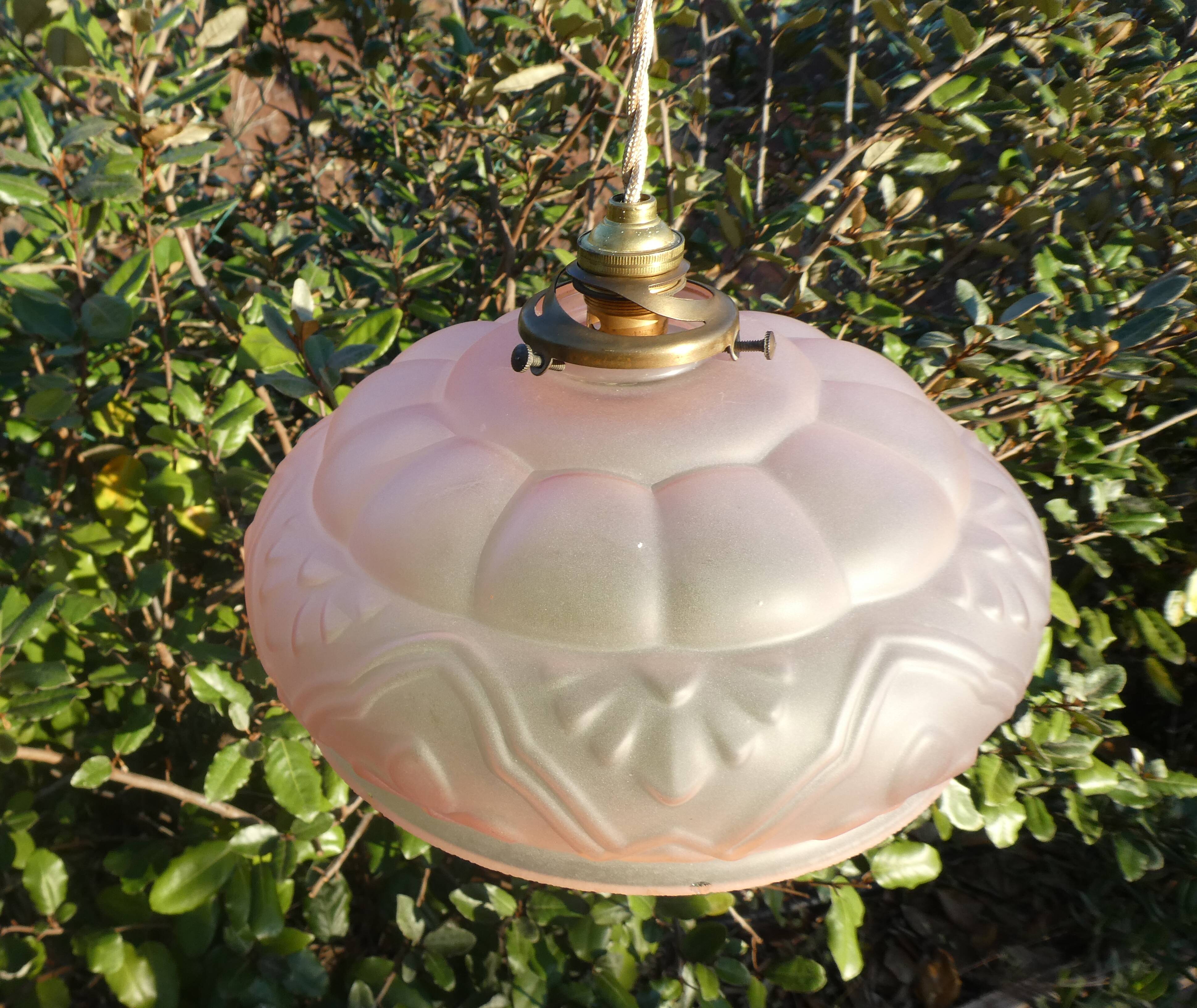 Art Deco pendant lamp in pink frosted glass