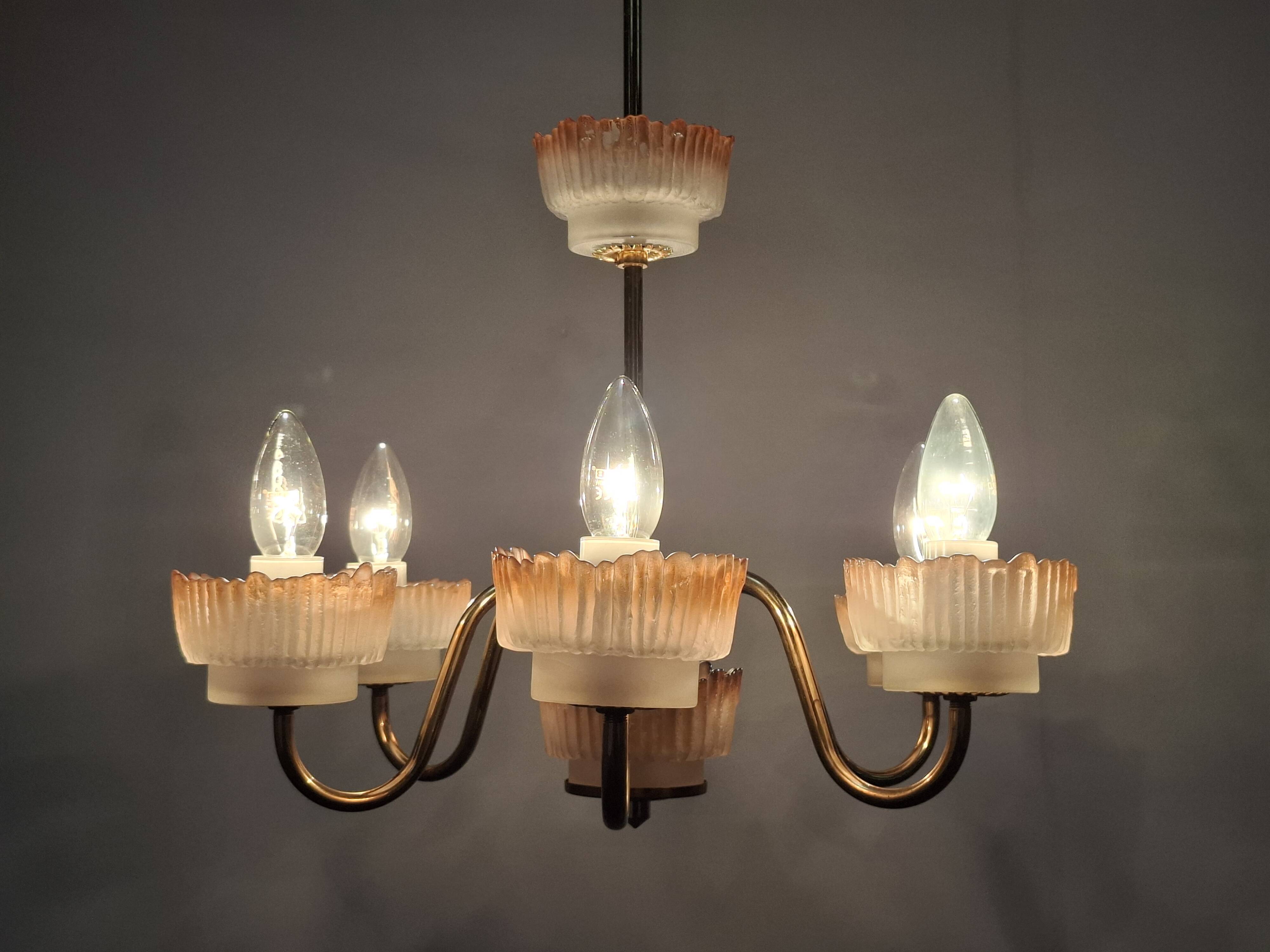 1960s Czech Mid-Century Brass and Železný Brod Frosted Glass Six-Arm Chandelier