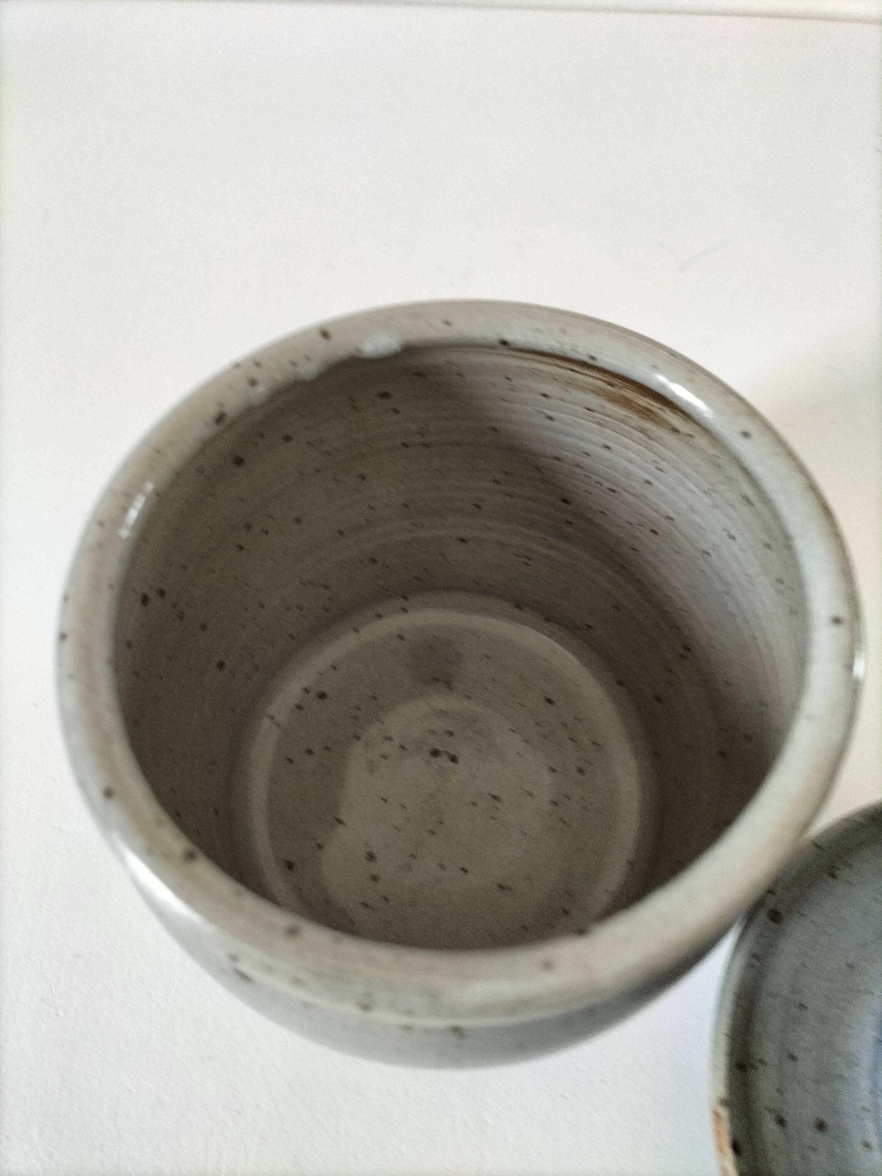 Beurrier à eau en grès artisanal bleu-gris moucheté