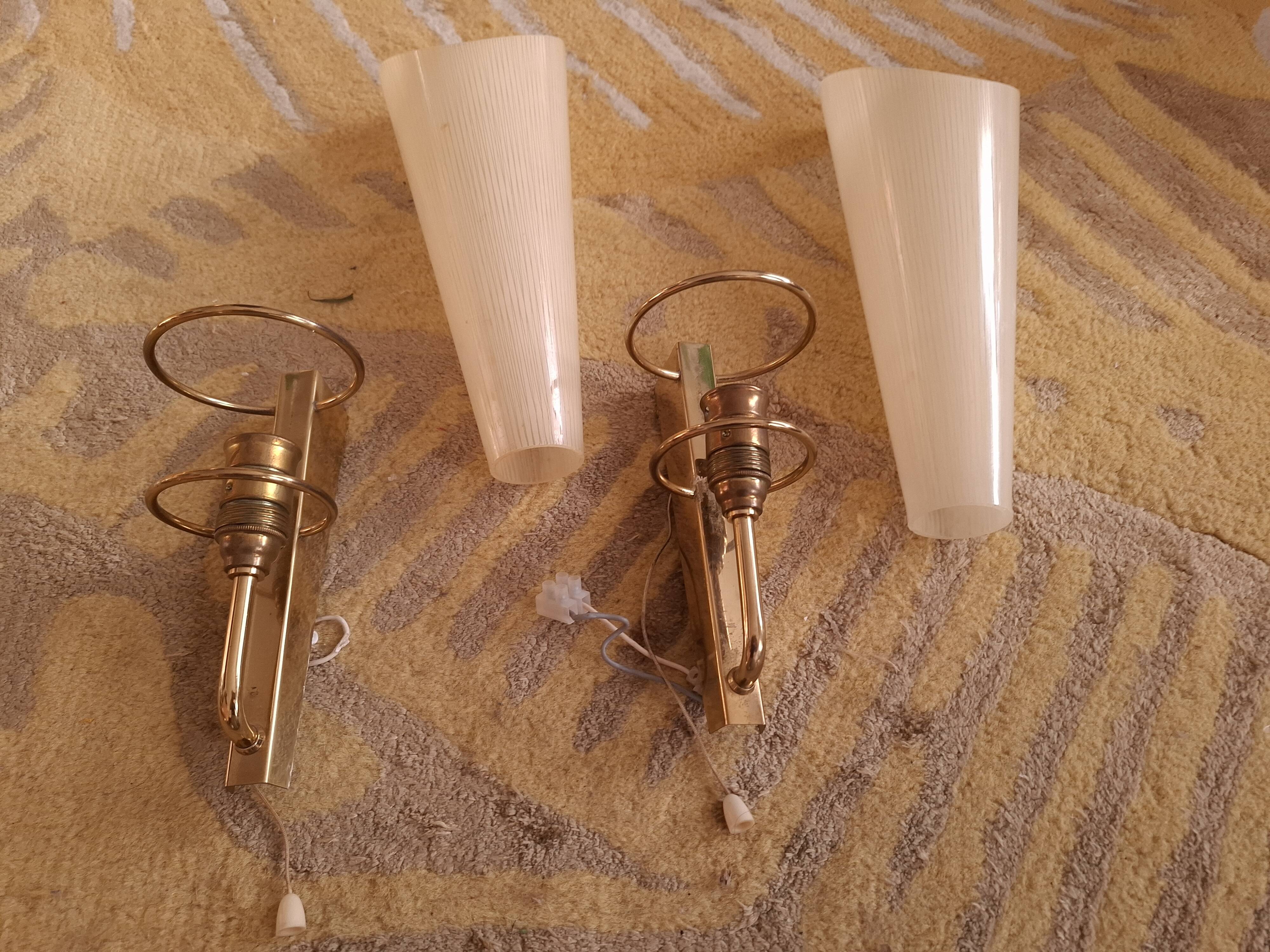 2 60's design wall lights in italian brass and glass