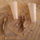 2 60's design wall lights in italian brass and glass