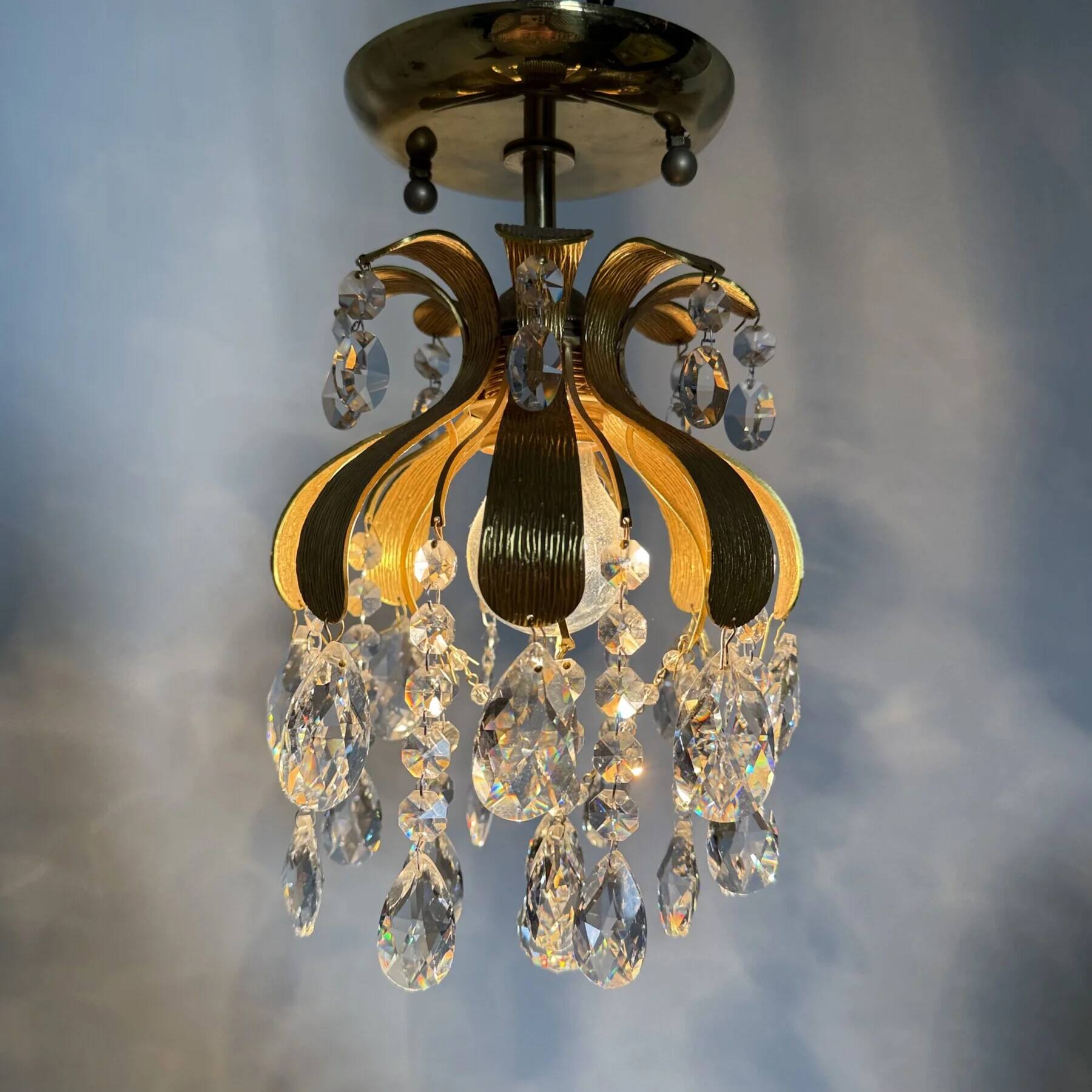 Palwa crystal flush mount by Ernst Palme, brass pineapple, 1960s, Germany