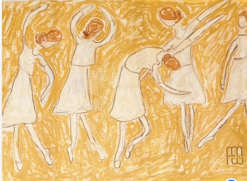 Painting titled "Five Ginger Hair Dancers"