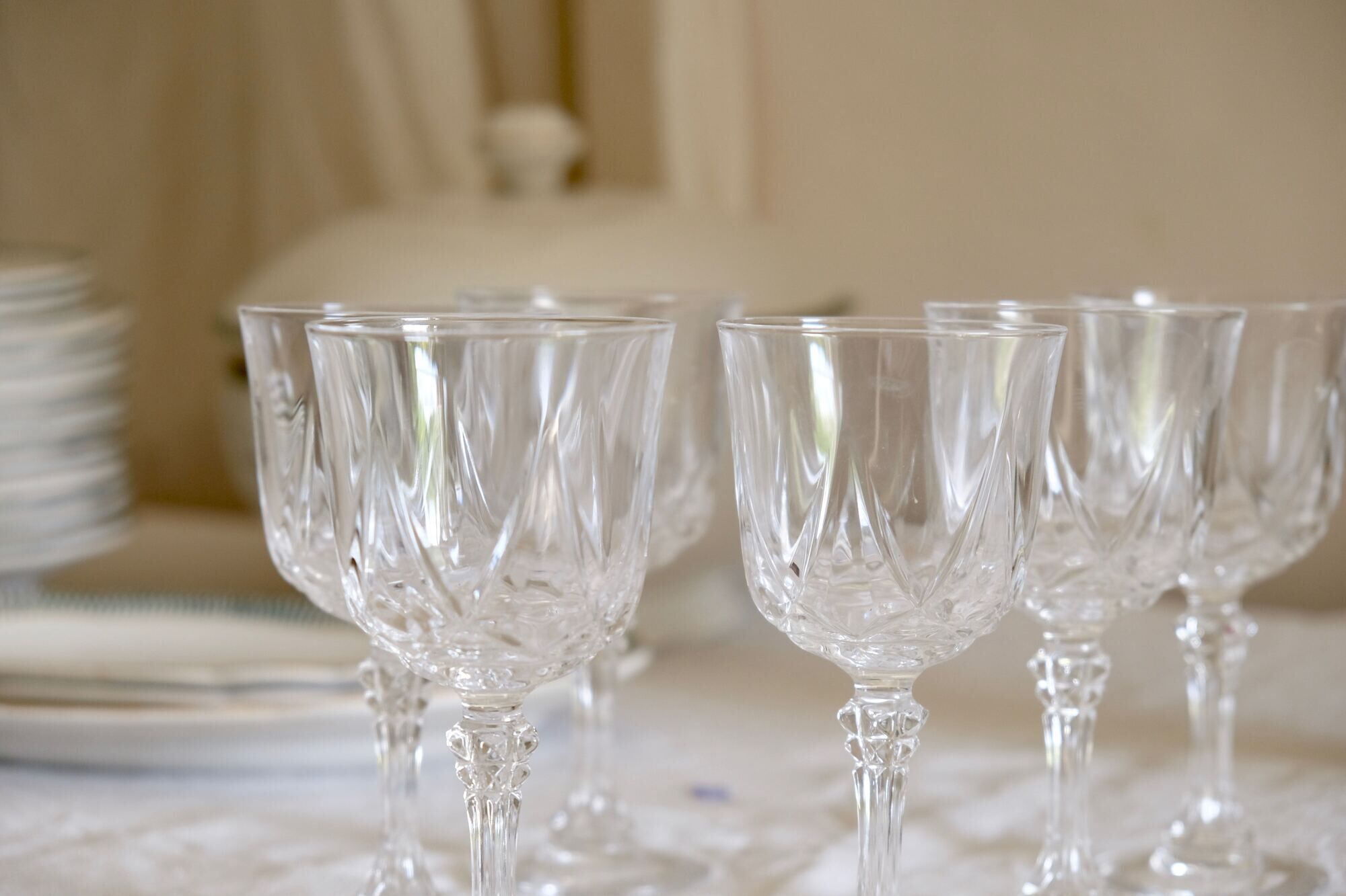 Set of 6 mid-century French crystal wine glasses